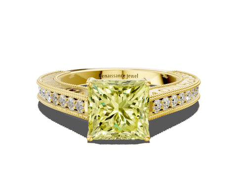 Yellow gold Fancy Yellow Princess Cut Cut Pave Band Milgrain Solitaire Ring