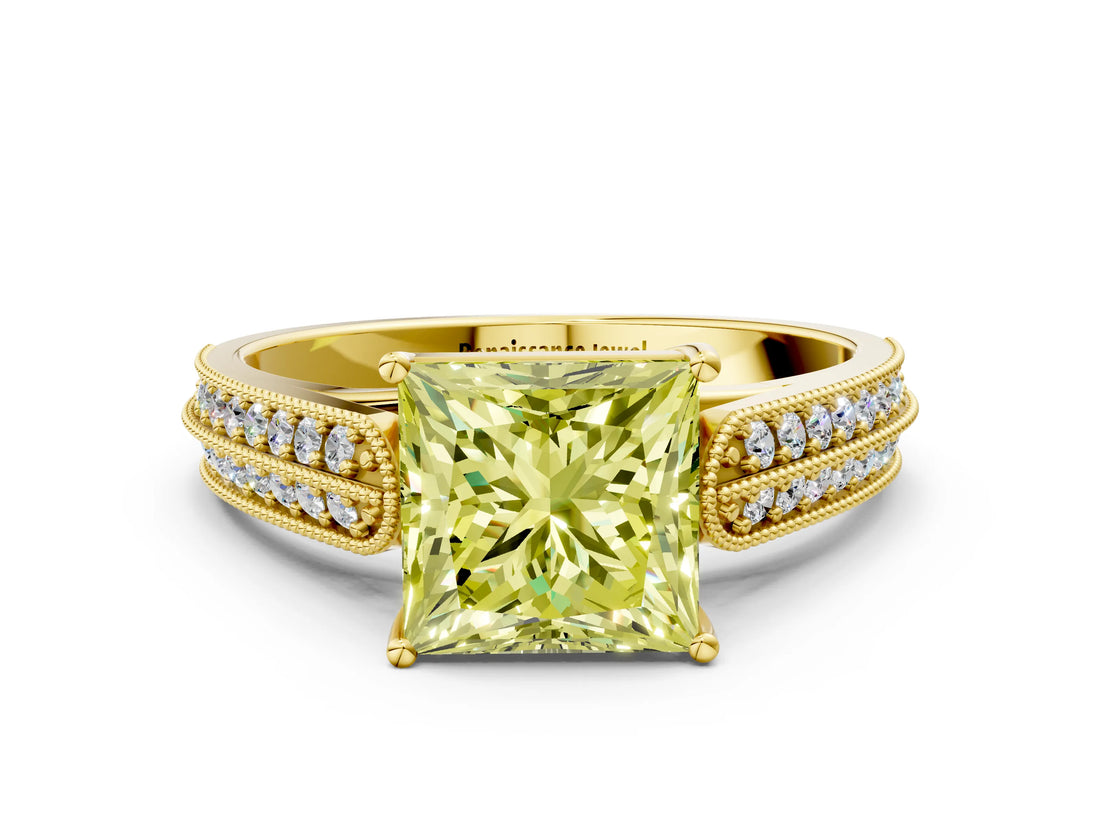 Yellow gold Fancy Yellow Princess Cut Cut Pave Split Shank Engagement Ring with Four-Prong Setting