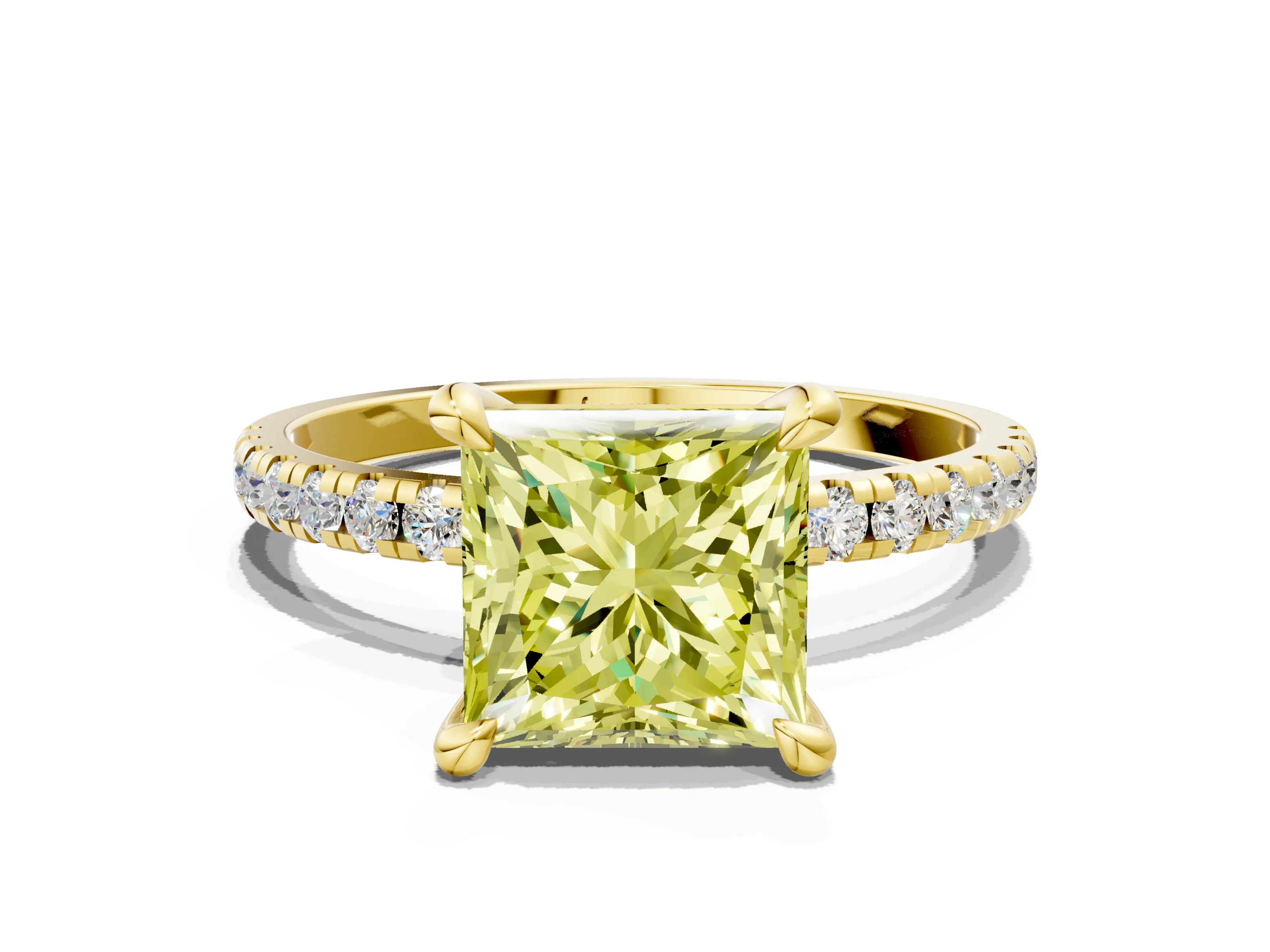 Yellow gold Fancy Yellow Princess Cut Diamond Brilliant Solitaire Ring with Pavé Band and Four-Prong Setting