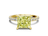 Yellow gold Fancy Yellow Princess Cut Diamond Brilliant Solitaire Ring with Pavé Band and Four-Prong Setting