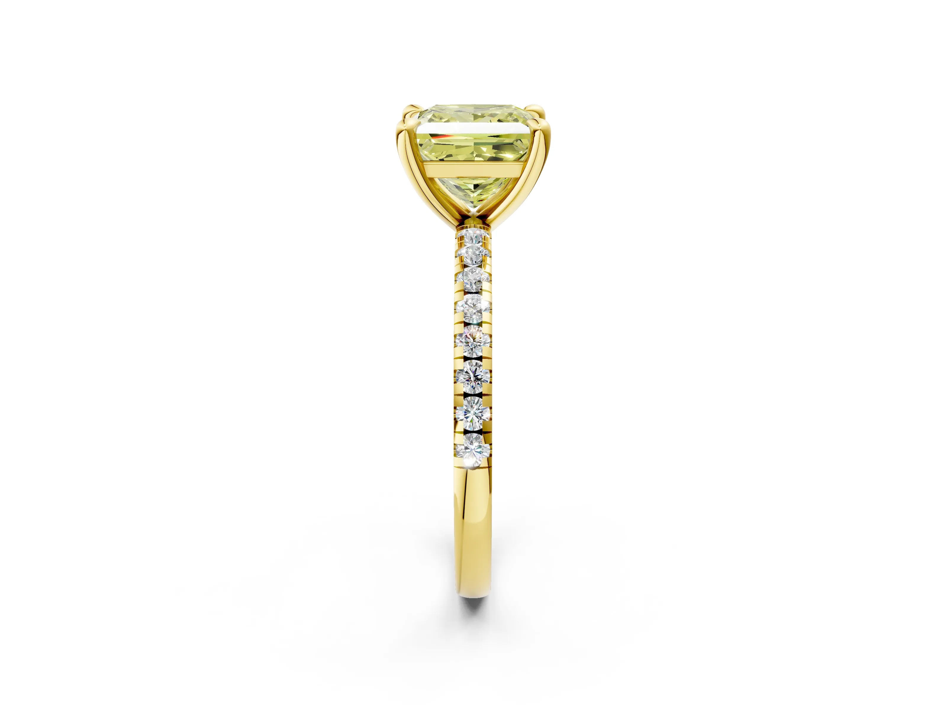 Yellow gold Fancy Yellow Princess Cut Diamond Brilliant Solitaire Ring with Pavé Band and Four-Prong Setting_2