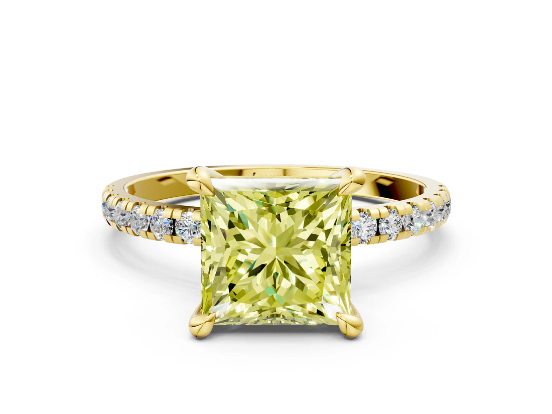Yellow gold Fancy Yellow Princess Cut Diamond Brilliant Solitaire Ring with Pavé Band and Four-Prong Setting_24