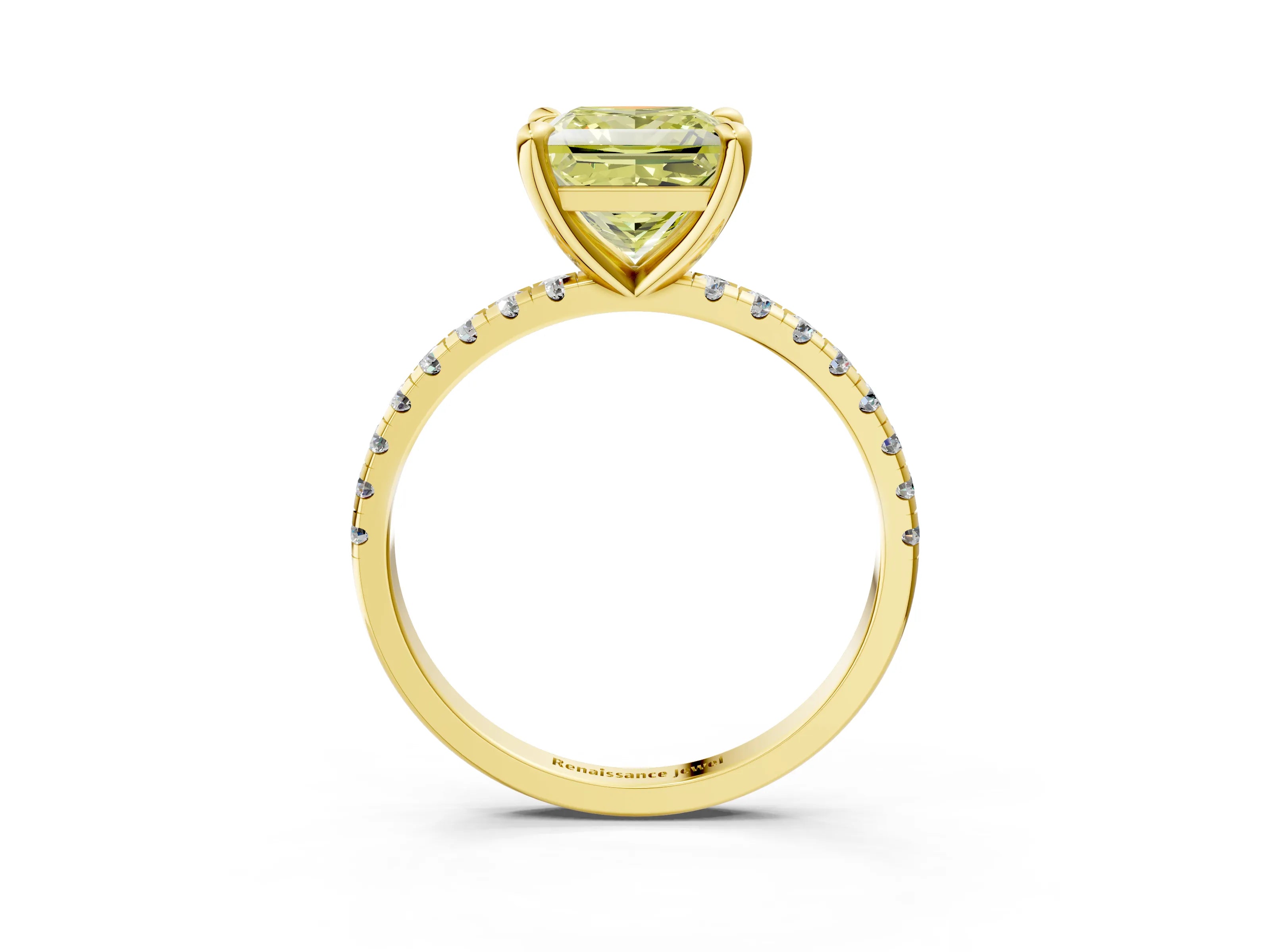 Yellow gold Fancy Yellow Princess Cut Diamond Brilliant Solitaire Ring with Pavé Band and Four-Prong Setting_3