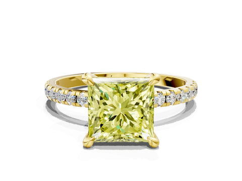 Yellow gold Fancy Yellow Princess Cut Diamond Brilliant Solitaire Ring with Pavé Band and Four-Prong Setting