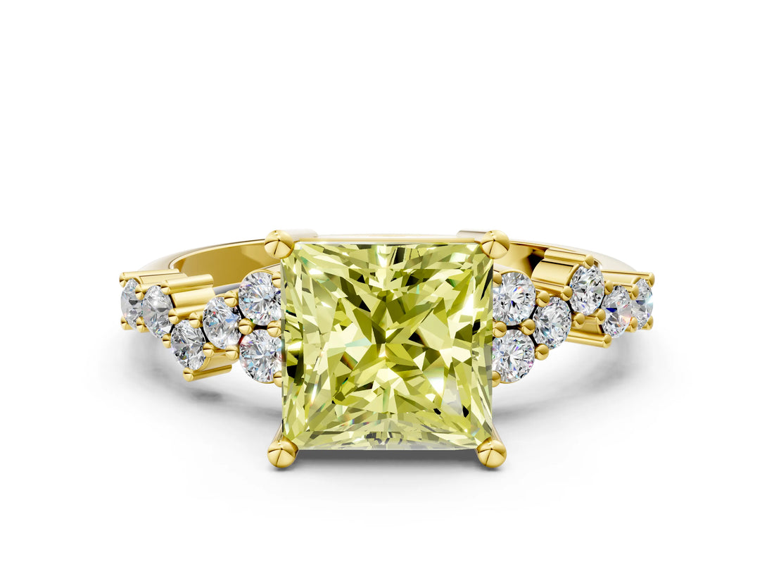 Yellow gold Fancy Yellow Princess Cut Diamond Cluster Pavé Band with Four-Prong Setting_12