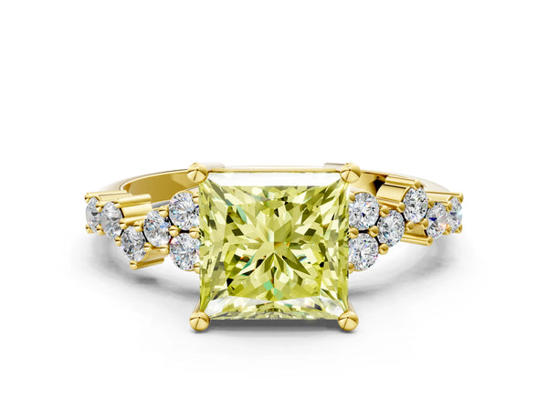 Yellow gold Fancy Yellow Princess Cut Diamond Cluster Pavé Band with Four-Prong Setting