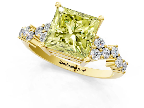 Yellow gold Fancy Yellow Princess Cut Diamond Cluster Pavé Band with Four-Prong Setting