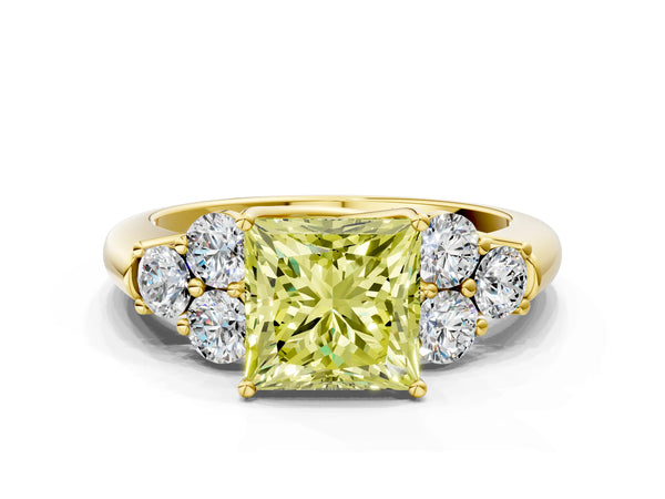 Yellow gold Fancy Yellow Princess  Cut Diamond Cluster Ring with Round Accent Stones and Prong Setting on a Classic Band