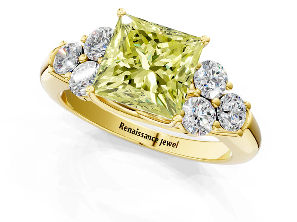 Yellow gold Fancy Yellow Princess  Cut Diamond Cluster Ring with Round Accent Stones and Prong Setting on a Classic Band