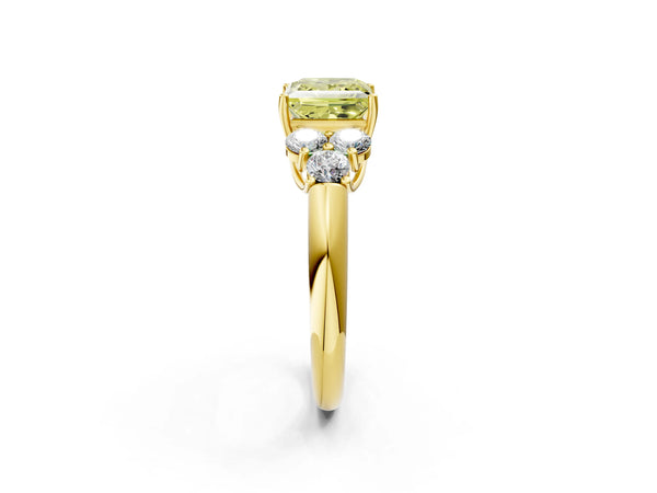 Yellow gold Fancy Yellow Princess  Cut Diamond Cluster Ring with Round Accent Stones and Prong Setting on a Classic Band