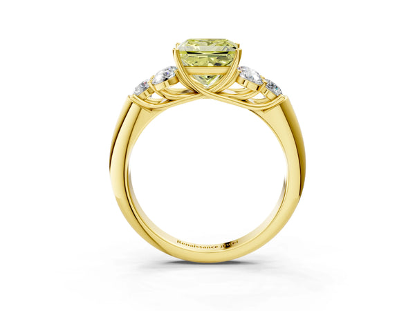 Yellow gold Fancy Yellow Princess  Cut Diamond Cluster Ring with Round Accent Stones and Prong Setting on a Classic Band