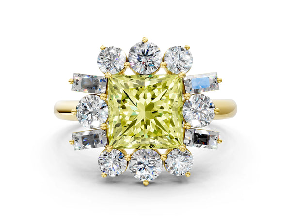 Yellow gold Fancy Yellow Princess Cut Diamond Cluster Ring with Round and Baguette Stones, Split Shank Band, Prong Setting