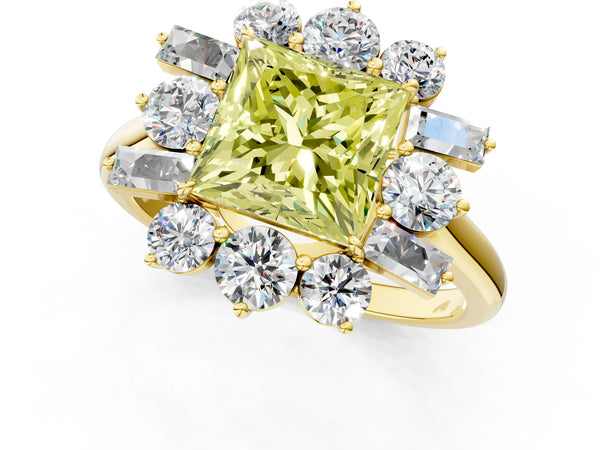 Yellow gold Fancy Yellow Princess Cut Diamond Cluster Ring with Round and Baguette Stones, Split Shank Band, Prong Setting