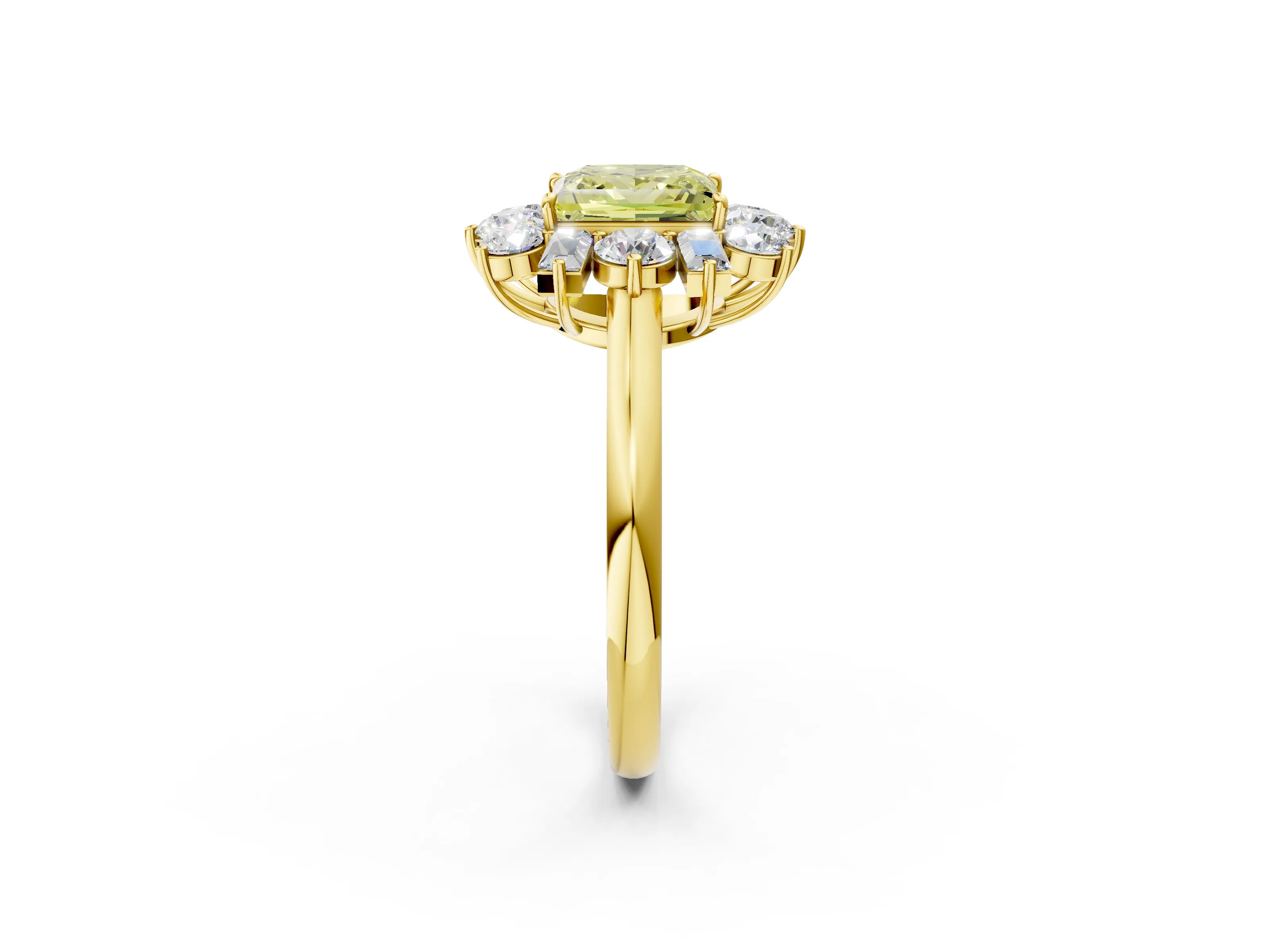 Yellow gold Fancy Yellow Princess Cut Diamond Cluster Ring with Round and Baguette Stones, Split Shank Band, Prong Setting_2