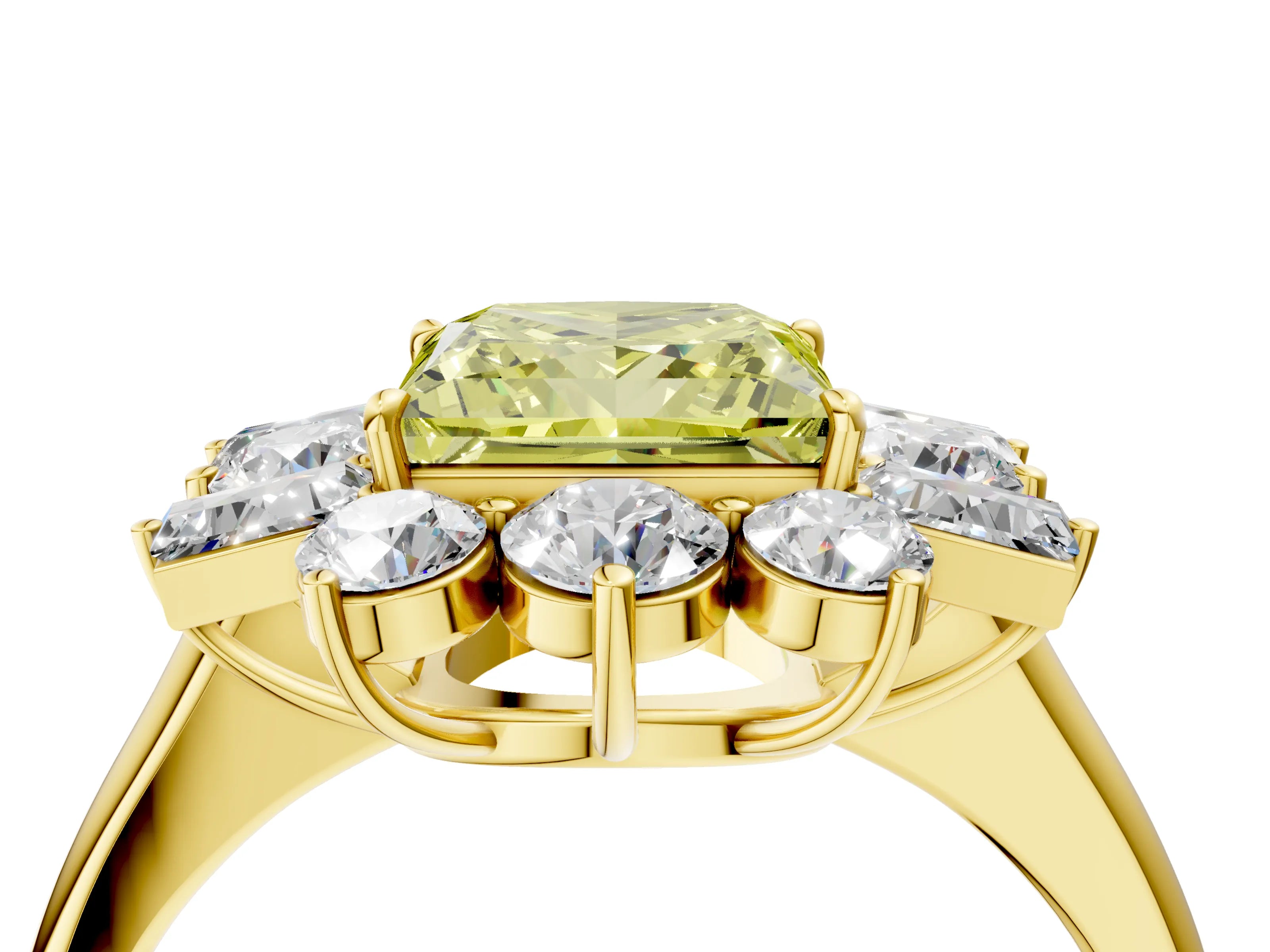 Yellow gold Fancy Yellow Princess Cut Diamond Cluster Ring with Round and Baguette Stones, Split Shank Band, Prong Setting_4