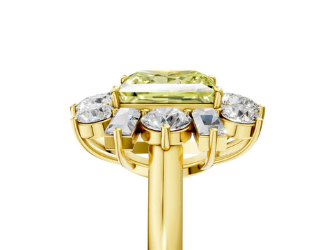 Yellow gold Fancy Yellow Princess Cut Diamond Cluster Ring with Round and Baguette Stones, Split Shank Band, Prong Setting_5