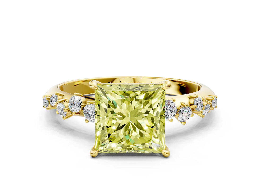 Yellow gold Fancy Yellow Princess Cut Diamond Cluster Side Stone Solitaire Ring with Prong Setting_29