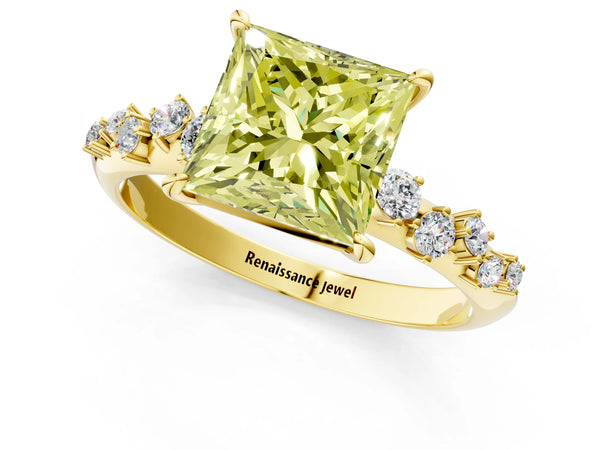 Yellow Gold Princess Cut Graduated Cluster Engagement Ring Setting for Fancy Yellow Center