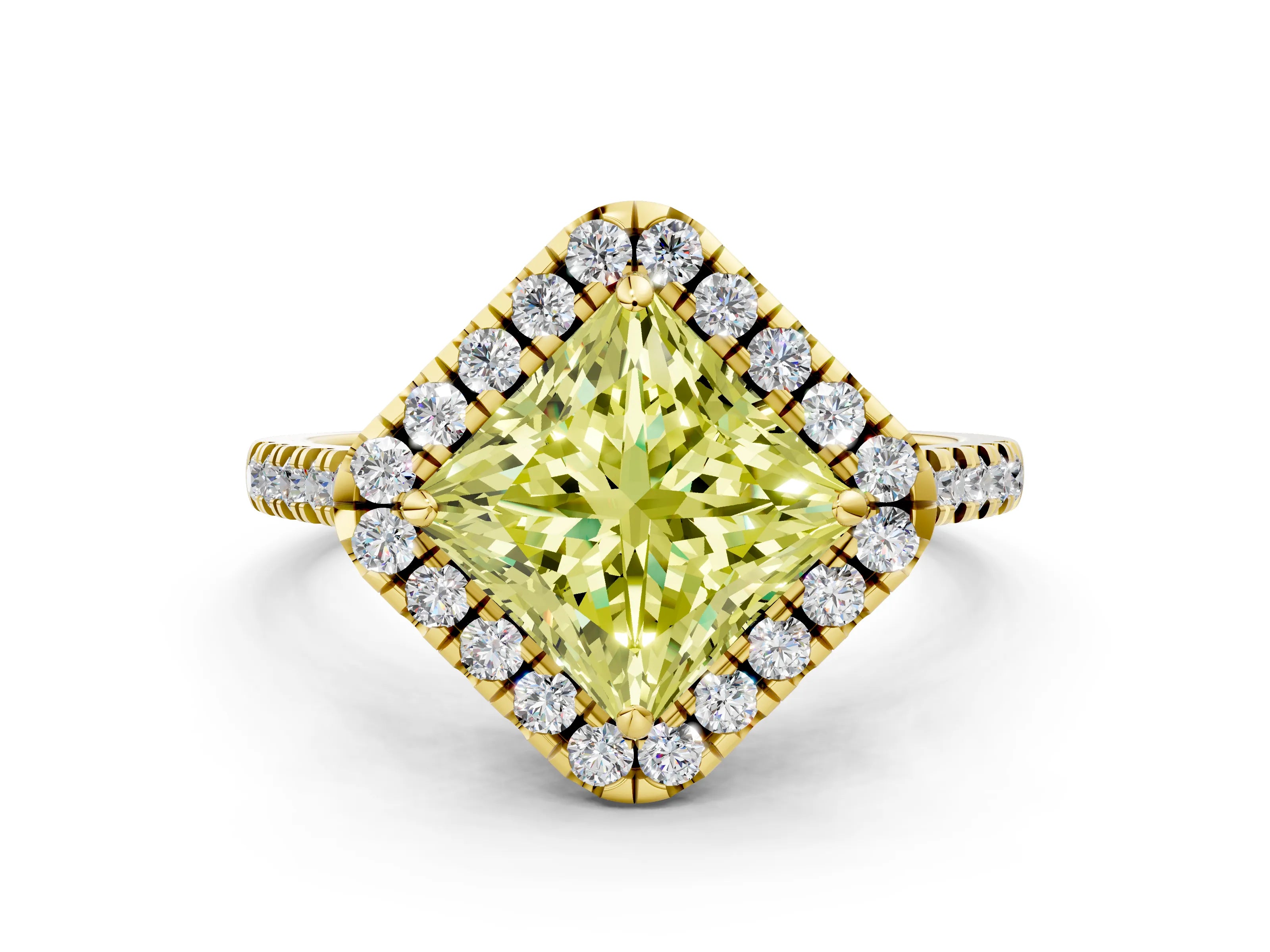 Yellow gold Fancy Yellow Princess Cut Diamond Cushion Halo Ring with Pavé Band