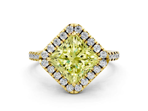 Yellow gold Fancy Yellow Princess Cut Diamond Cushion Halo Ring with Pavé Band