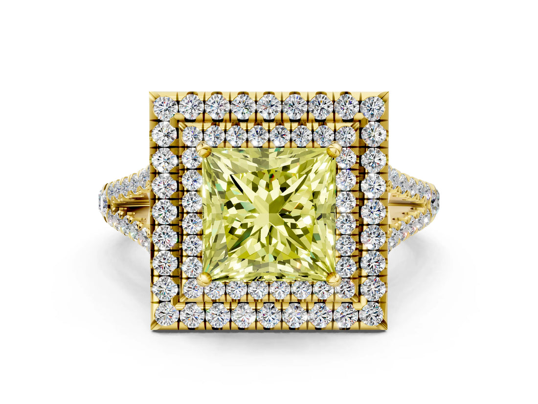 Yellow gold Fancy Yellow Princess Cut Diamond Double Halo Ring with Pavé Band and Prong Setting_17