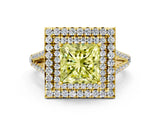 Yellow gold Fancy Yellow Princess Cut Diamond Double Halo Ring with Pavé Band and Prong Setting_17