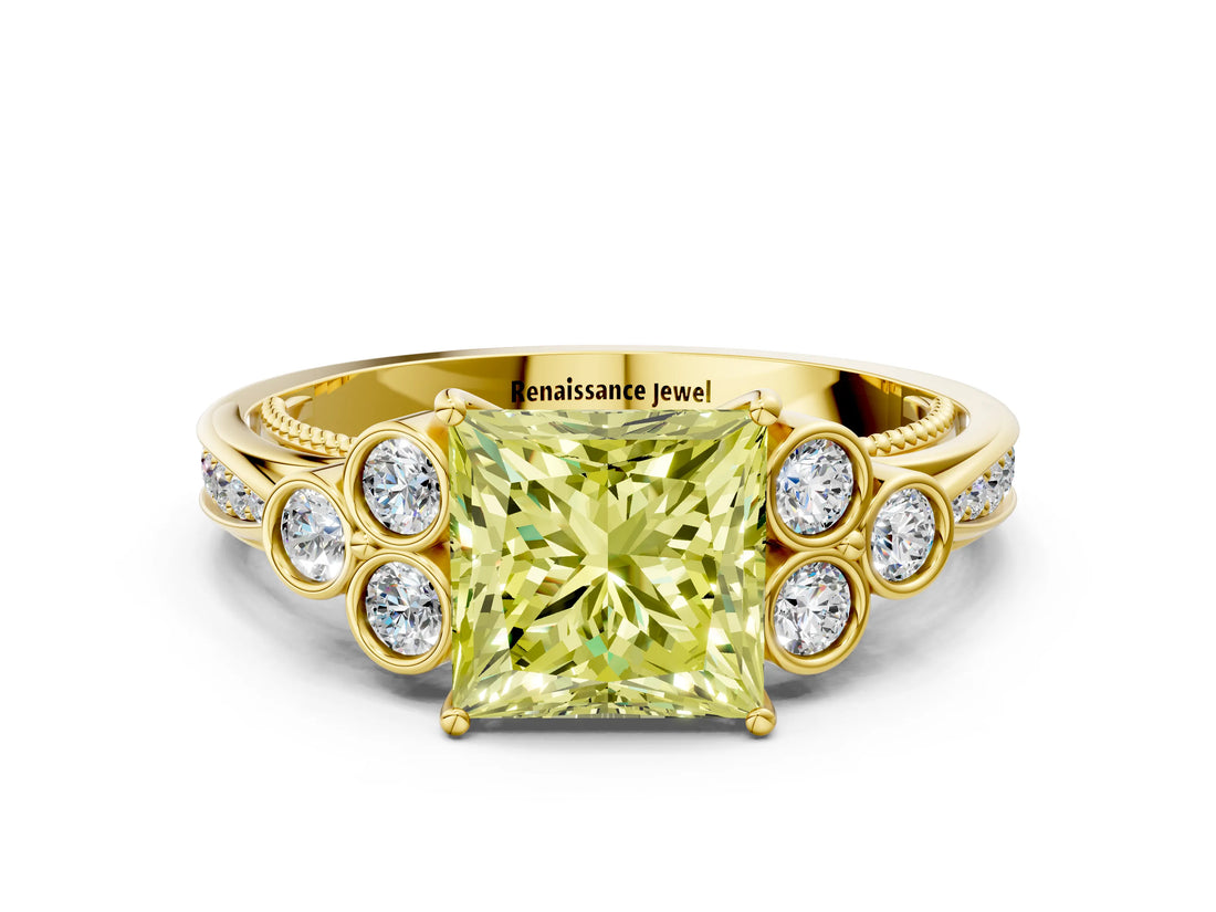 Yellow gold Fancy Yellow Princess  Cut Diamond Engagement Ring with Bezel Set Round Side Stones and Prong Setting_29