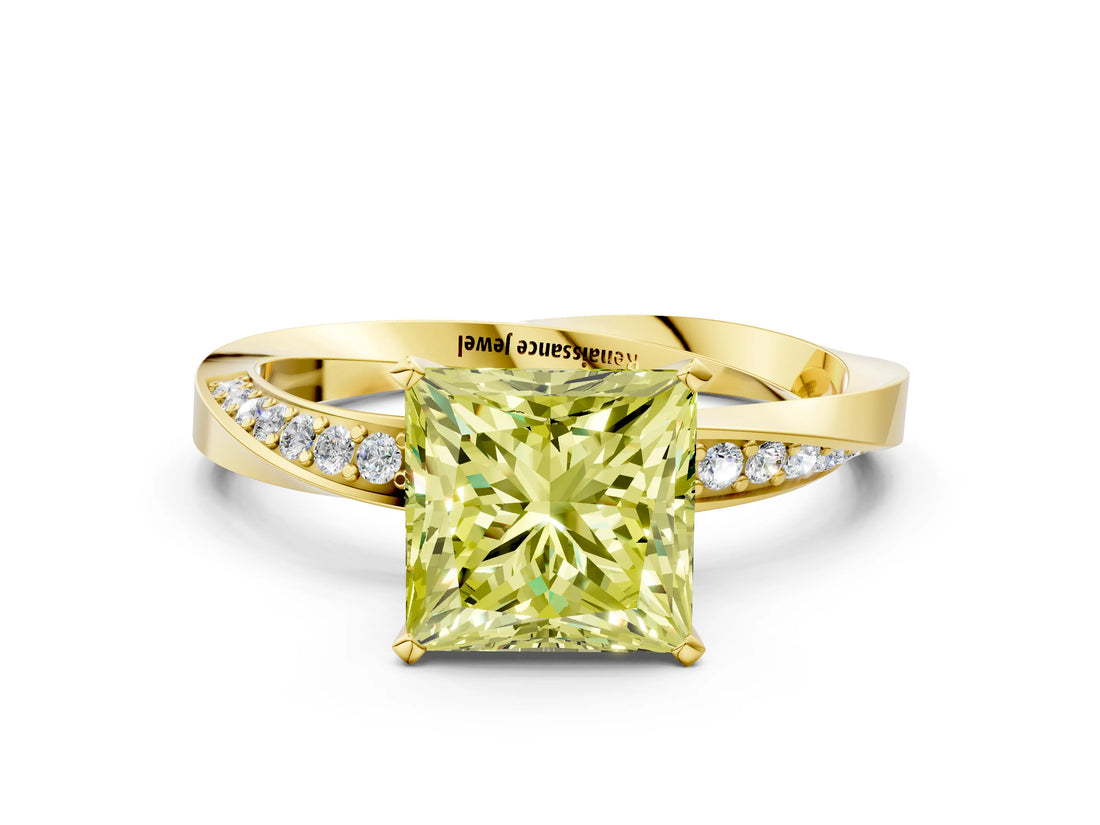 Yellow gold Fancy Yellow Princess Cut Diamond Engagement Ring with Side Stone Accents and Four-Prong Setting_96