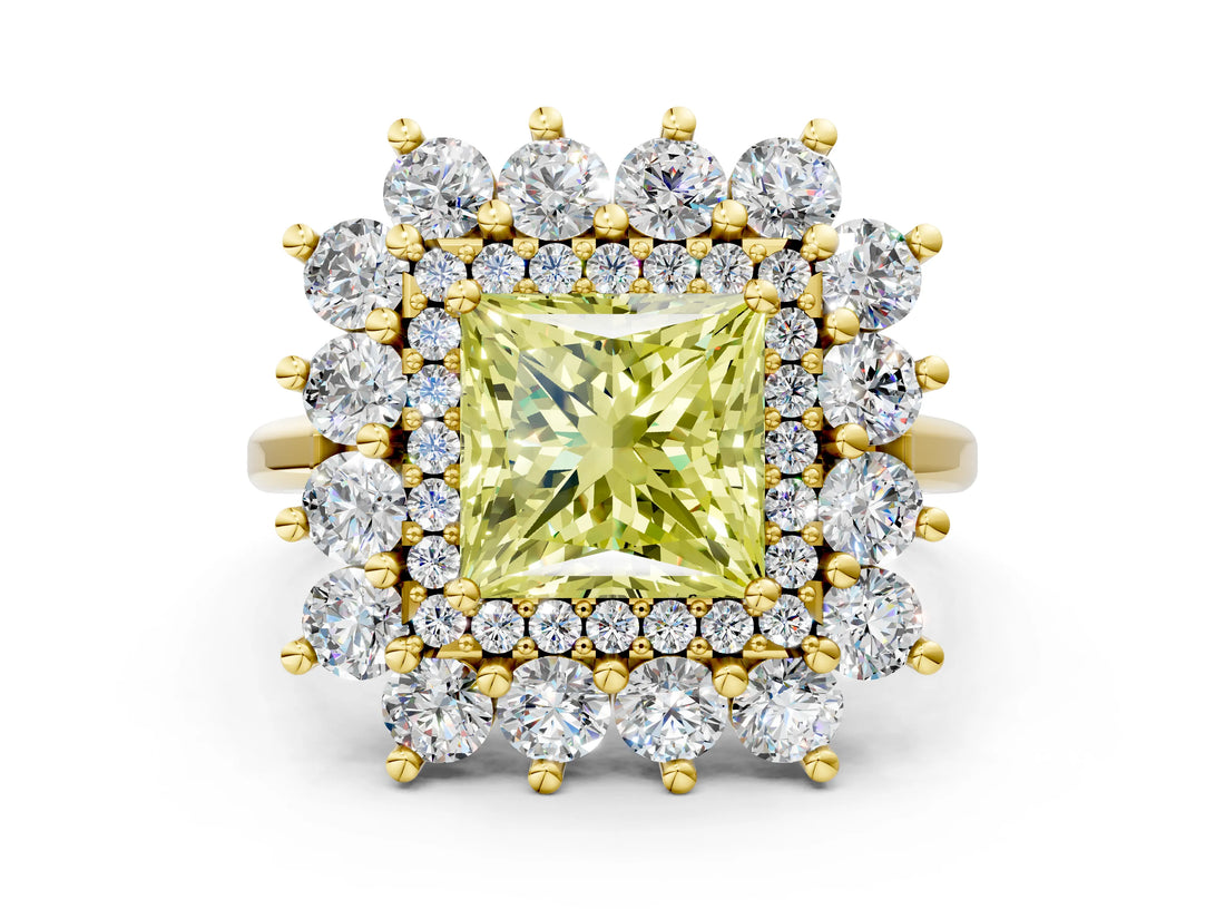 Yellow gold Fancy Yellow Princess Cut Diamond Floral Double Halo Engagement Ring with Prong Setting_24