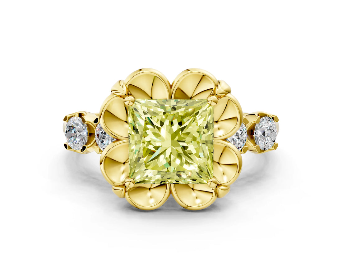 Yellow gold Fancy Yellow Princess  Cut Diamond Floral Halo Engagement Ring with Shared Prong Setting 2