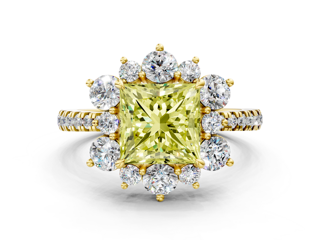 Yellow gold Fancy Yellow Princess  Cut Diamond Floral Halo Pave Band with Prong Setting