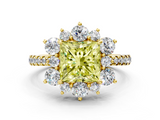 Yellow gold Fancy Yellow Princess  Cut Diamond Floral Halo Pave Band with Prong Setting