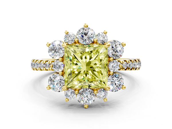 Yellow gold Fancy Yellow Princess  Cut Diamond Floral Halo Pave Band with Prong Setting