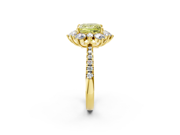 Yellow gold Fancy Yellow Princess  Cut Diamond Floral Halo Pave Band with Prong Setting