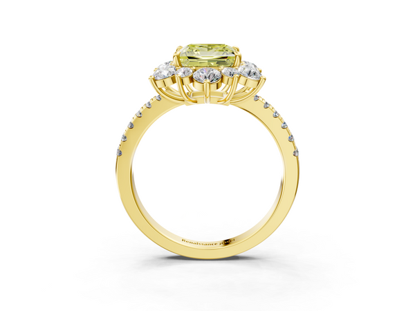 Yellow gold Fancy Yellow Princess  Cut Diamond Floral Halo Pave Band with Prong Setting