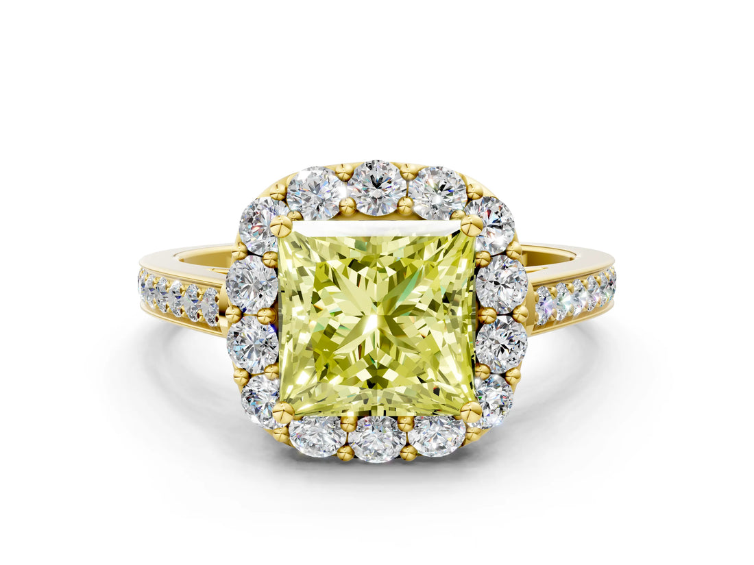 Yellow gold Fancy Yellow Princess Cut Diamond Floral Halo Ring with Pavé Band and Prong Setting_3