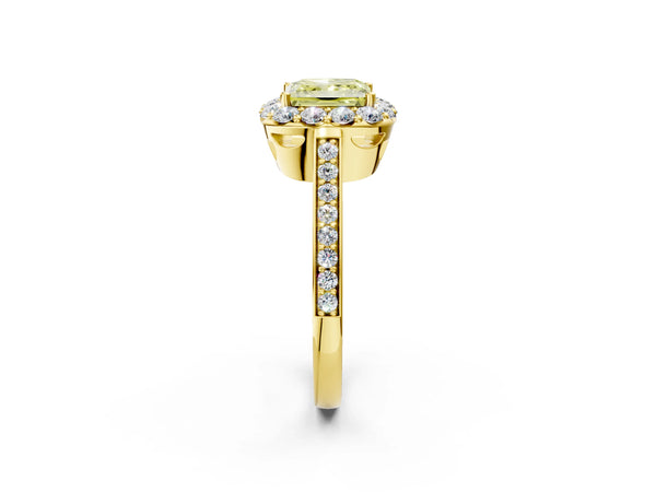 Yellow gold Fancy Yellow Princess Cut Diamond Floral Halo Ring with Pavé Band and Prong Setting
