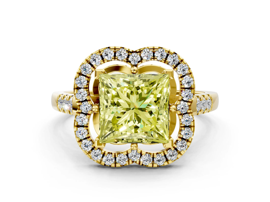 Yellow gold Fancy Yellow Princess Cut Diamond Floral Halo Split Shank Prong Setting Ring