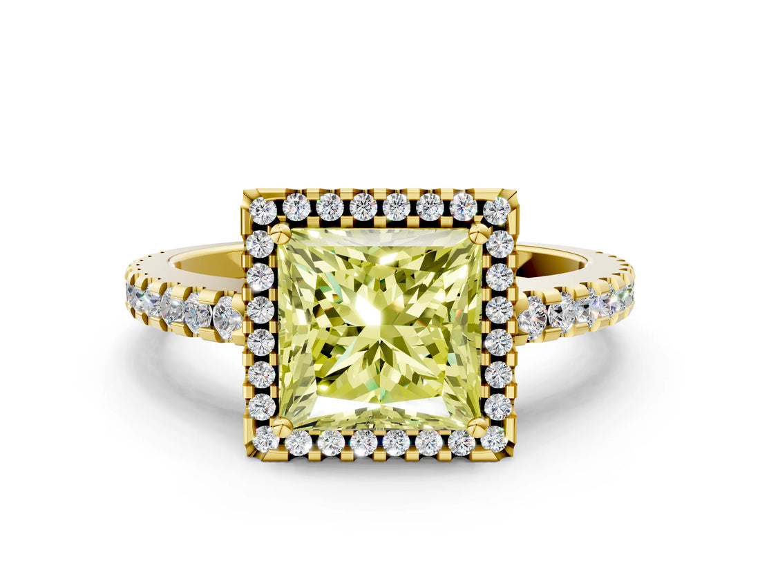 Yellow gold Fancy Yellow Princess Cut Diamond Halo Engagement Ring with Pavé Band and Prong Setting_27