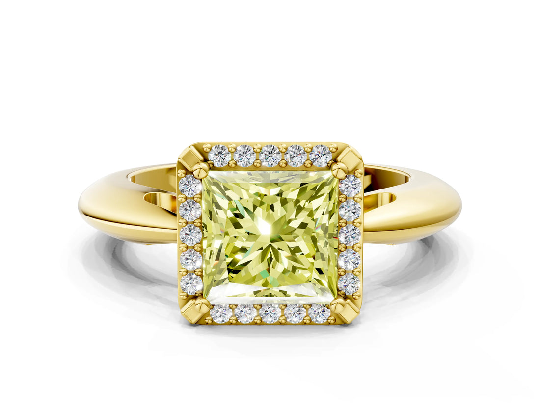 Yellow gold Fancy Yellow Princess  Cut Diamond Halo Engagement Ring with Split Shank and Four-Prong Setting_29