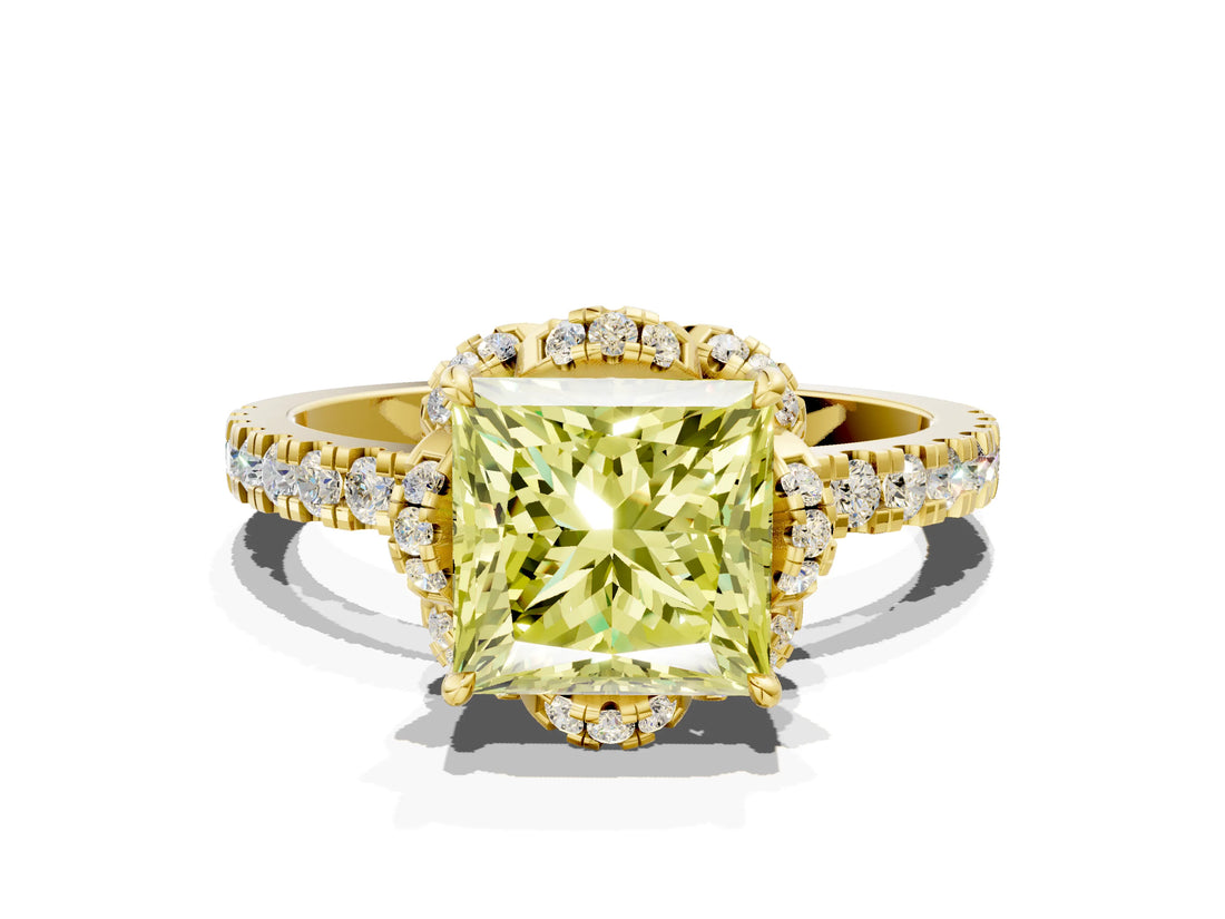 Yellow gold Fancy Yellow Princess Cut Diamond Halo Pave Band with Four-Prong Setting_3