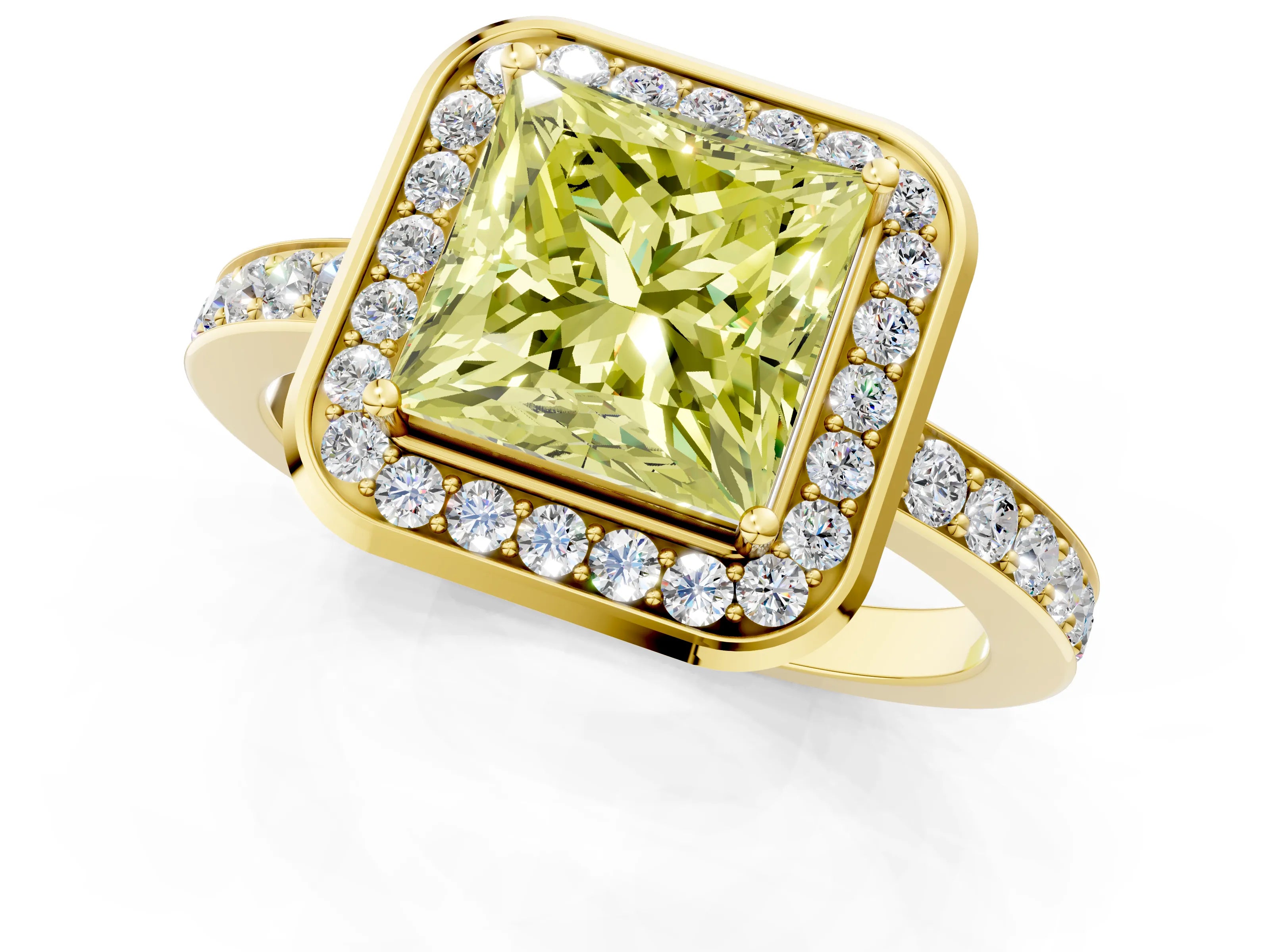 Yellow gold Fancy Yellow Princess Cut Diamond Halo Ring with Bezel Frame and Pavé Band_1