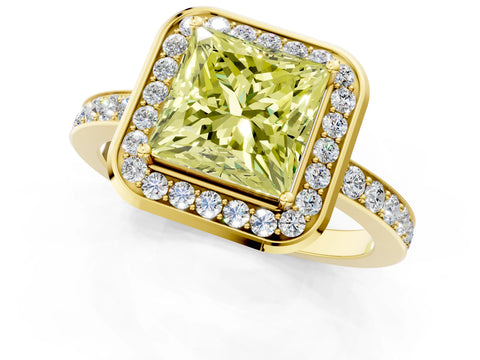 Yellow gold Fancy Yellow Princess Cut Diamond Halo Ring with Bezel Frame and Pavé Band_1
