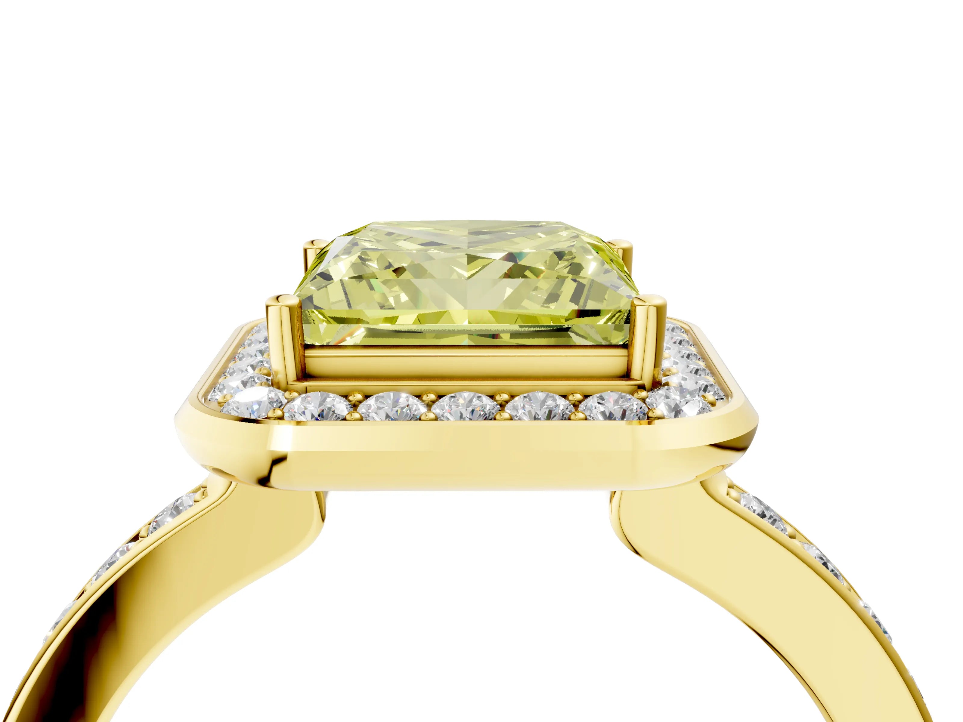 Yellow gold Fancy Yellow Princess Cut Diamond Halo Ring with Bezel Frame and Pavé Band_4