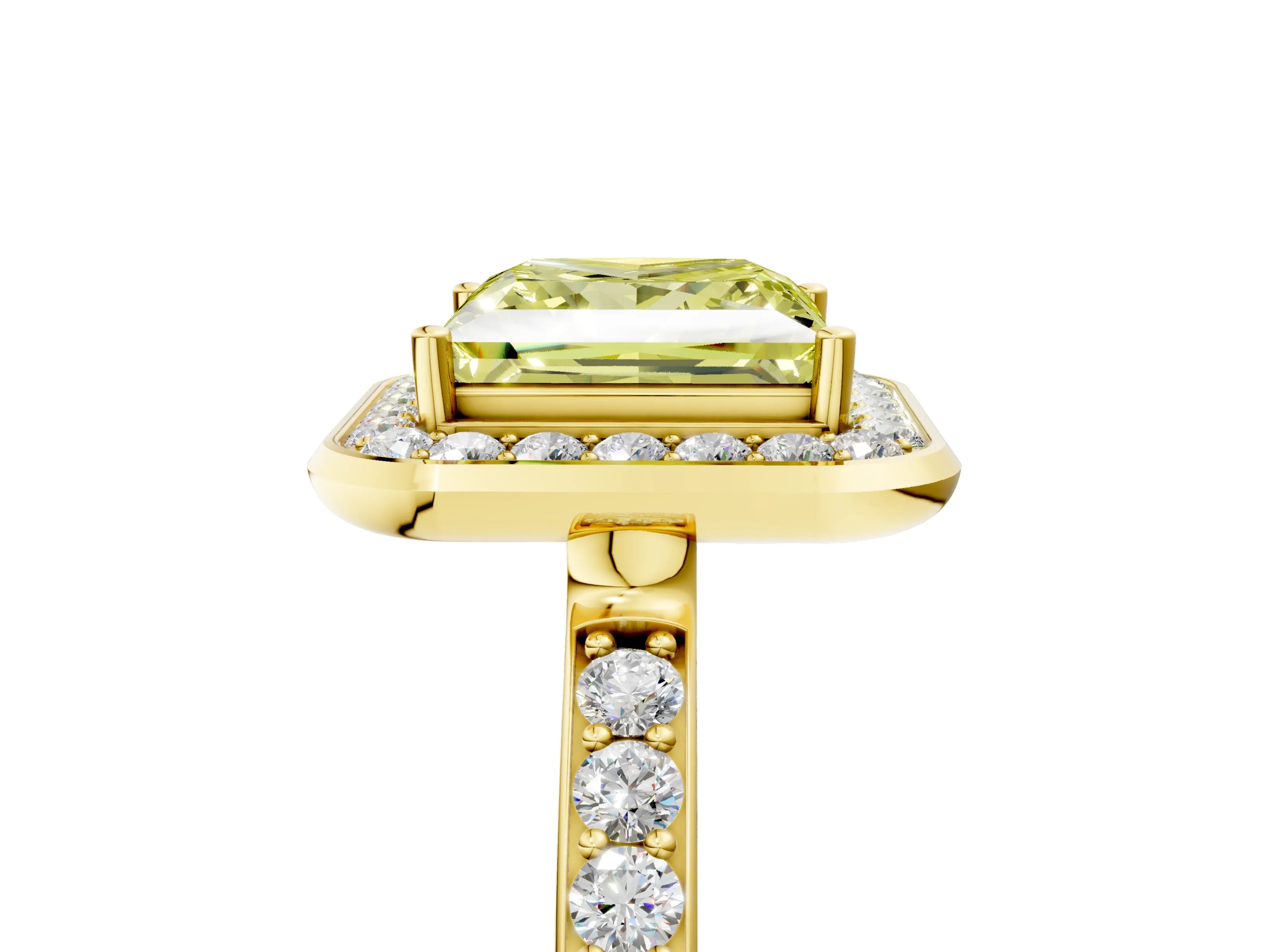 Yellow gold Fancy Yellow Princess Cut Diamond Halo Ring with Bezel Frame and Pavé Band_5
