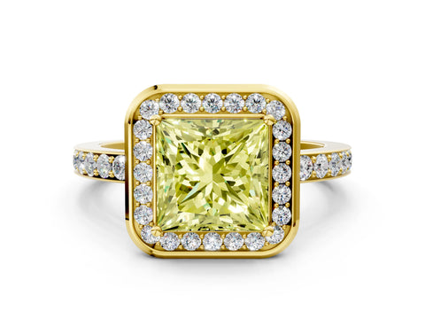 Yellow gold Fancy Yellow Princess Cut Diamond Halo Ring with Bezel Frame and Pavé Band
