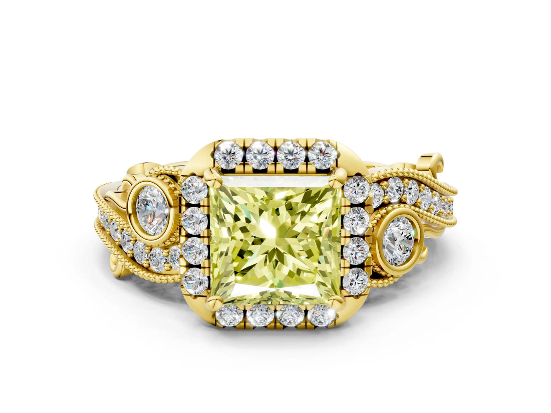 Yellow gold Fancy Yellow Princess Cut Diamond Halo Ring with Milgrain Pavé Band and Four-Prong Setting_16
