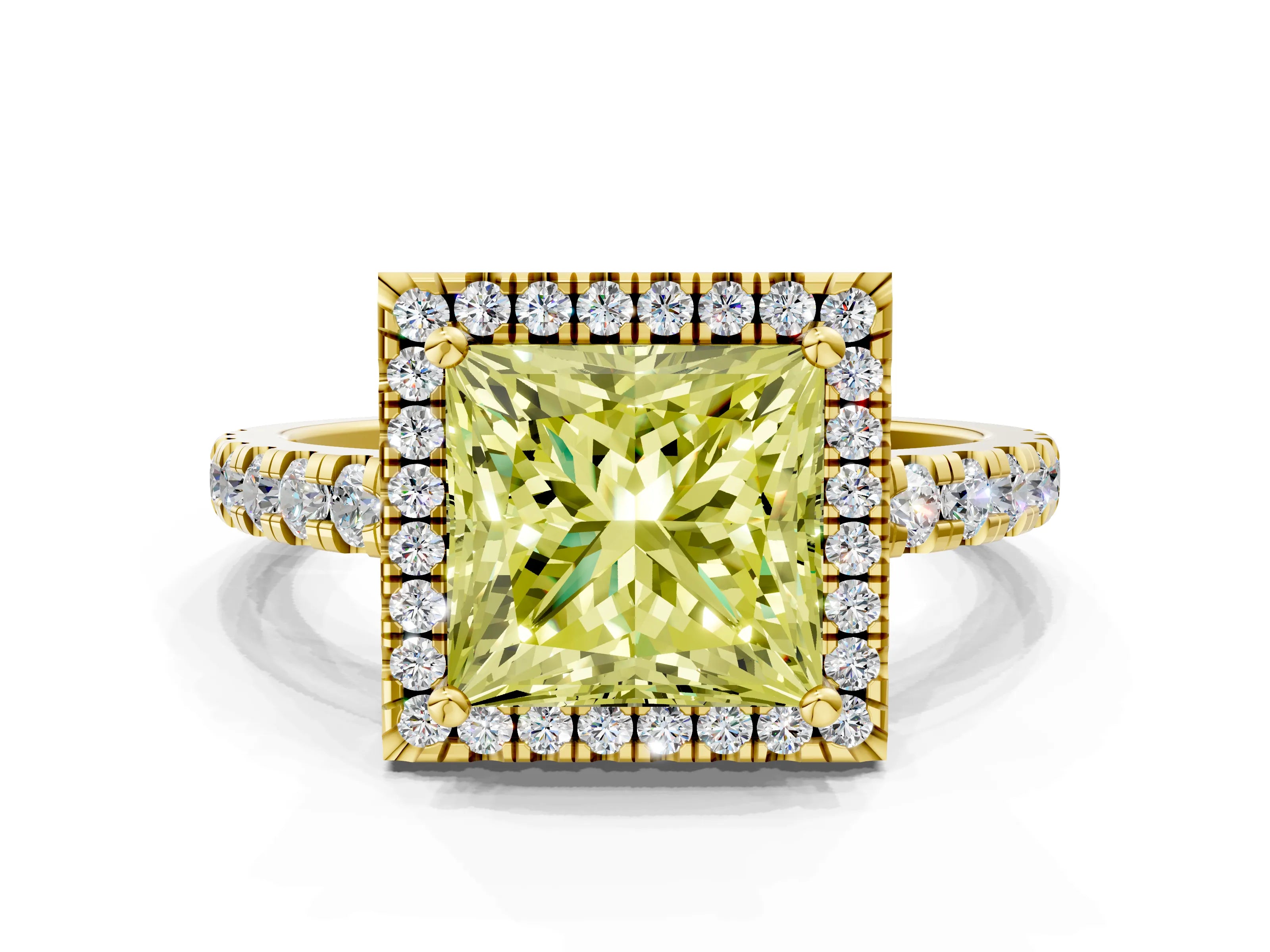 Yellow gold Fancy Yellow Princess Cut Diamond Halo Ring with Pavé Band and Four-Prong Setting