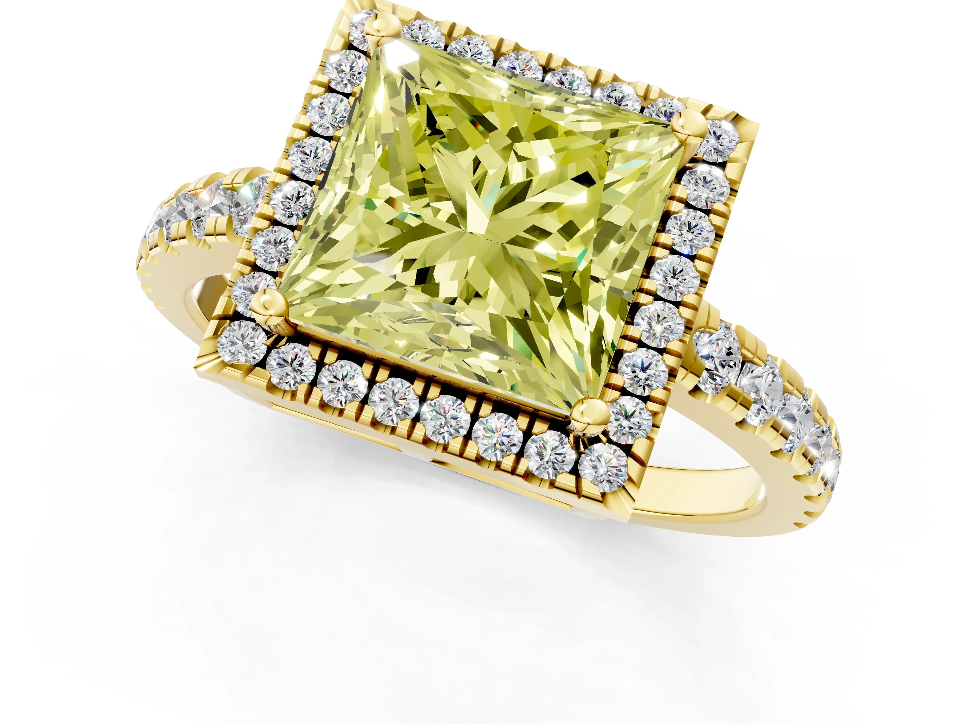 Yellow gold Fancy Yellow Princess Cut Diamond Halo Ring with Pavé Band and Four-Prong Setting_1