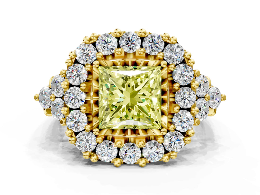 Yellow gold Fancy Yellow Princess Cut Diamond Halo Ring with Pavé Band and Four-Prong Setting_17